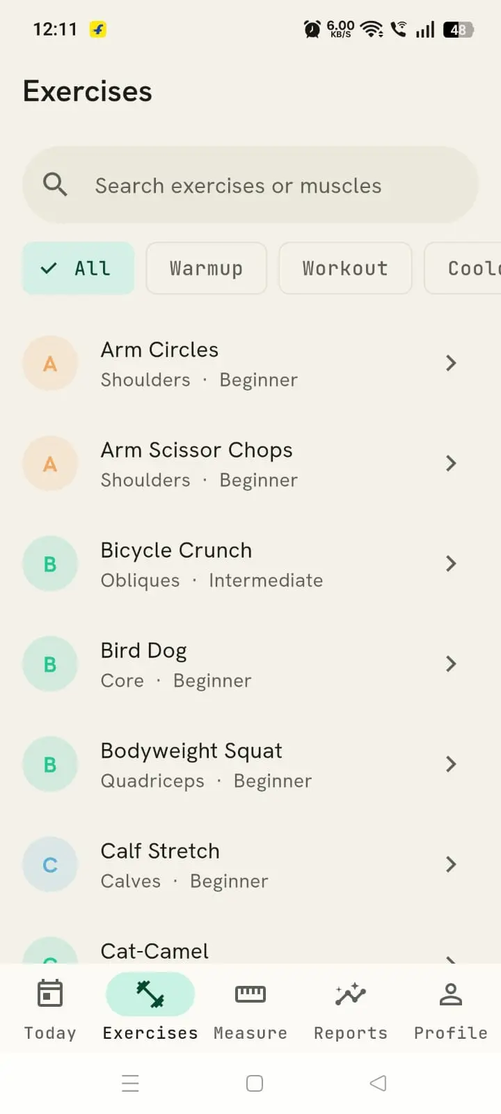 Exercises screen: searchable library with Warmup, Workout and Cooldown filters