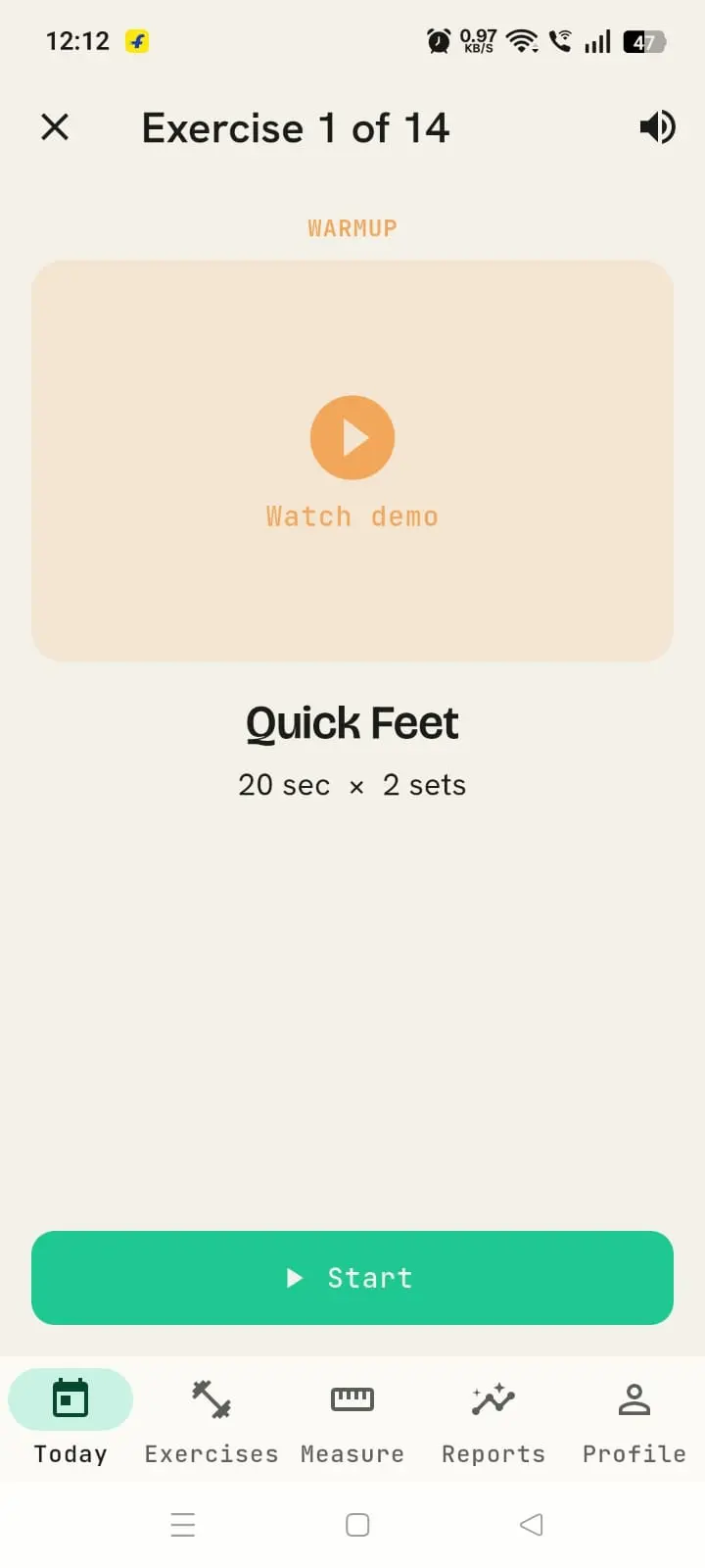 Guided session screen: exercise name, rep counter, set progress and Done button