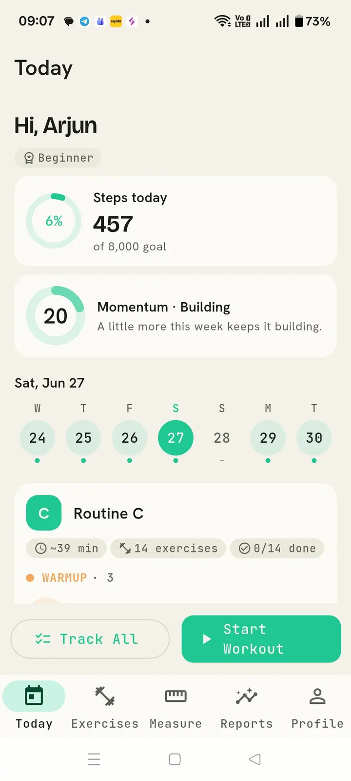 Today screen: daily step progress, Momentum score, and today's routine with all exercises listed